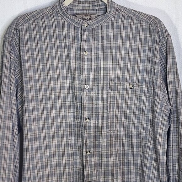 Bogari Studio Gray Brown Check LS Cotton Band Collar Waffle Weave Shirt Size M - Picture 3 of 16